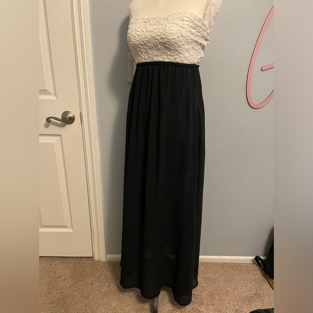 White lace strapless with black full length dress